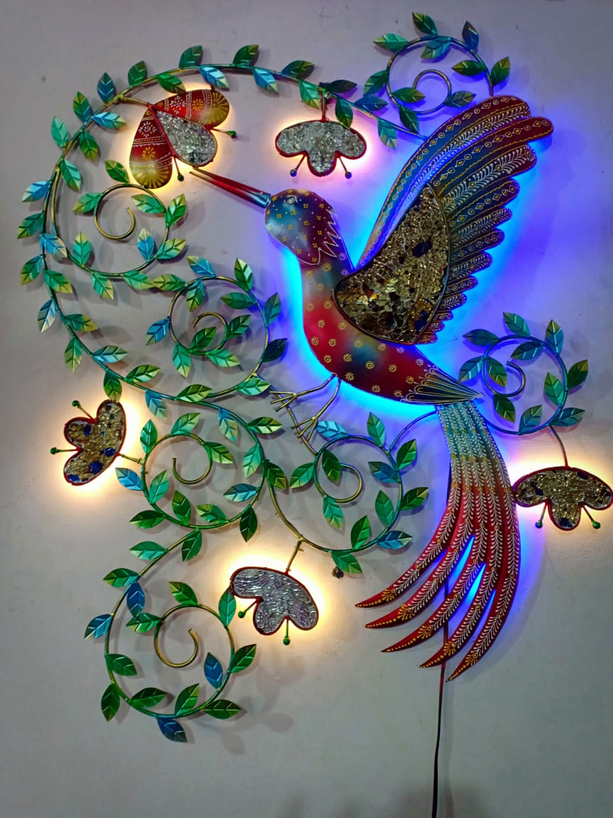 Colourful metal humming bird LED wall art